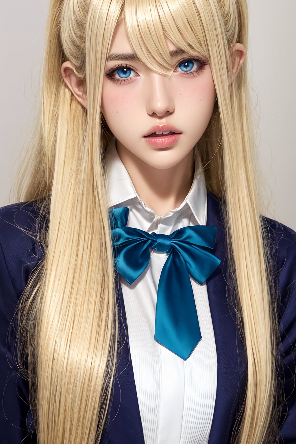 portlate、School Uniforms、bright expression、poneyTail、Young shiny shiny white shiny skin、Best Looks、Platinum blonde hair with dazzling highlights、shiny light hair,、Super long silky straight hair、Beautiful bangs that shine、Double eyelids、eye liner、Crystal clear big blue eyes that shine attractively、Small face、Very beautiful nice cute 16 year old Nordic girl、Lush bust