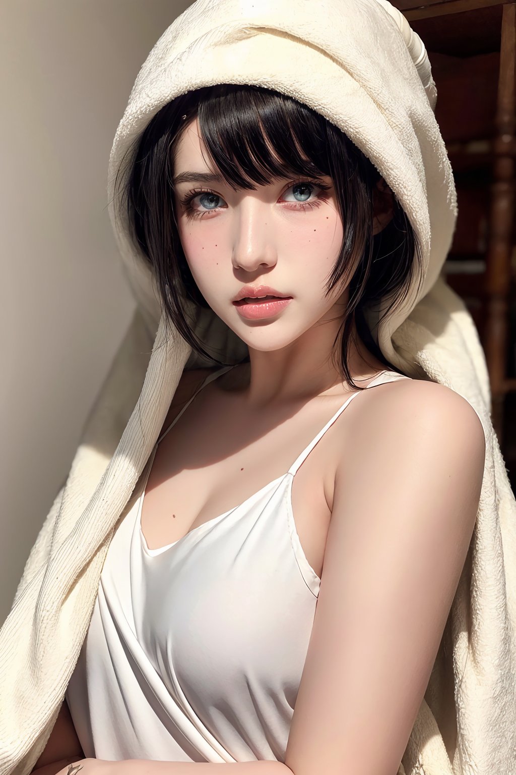 1girl,  (looking at viewer:1.2), detailed face,  a girl on bed, crawling_pov, (towel:1.2), (a girl with soaked strands of hair, bundled up in a towel, rending on cgsociety, black shadows, streaming,  small breasts), romanticism, atmospheric, (RAW photo, best quality), (realistic, photo-realistic:1.3), masterpiece, an extremely delicate and beautiful, extremely detailed,   ,mommy,woman