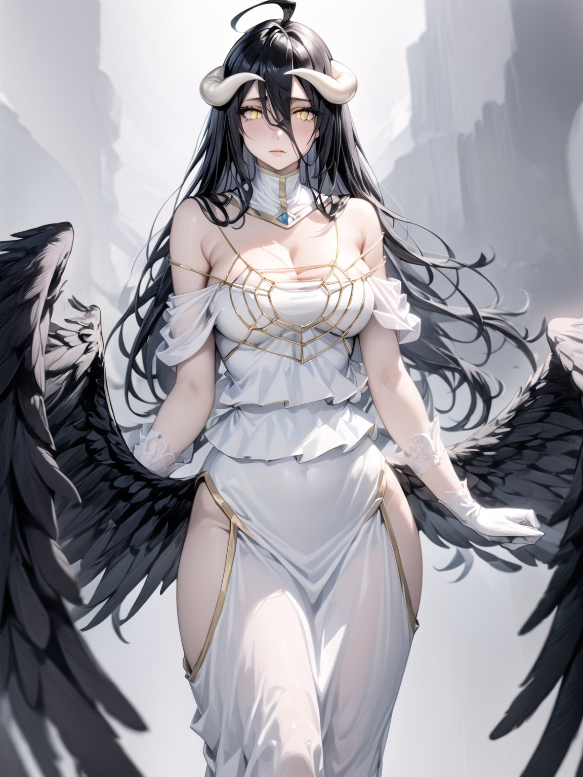 //Quality,
masterpiece, best quality, detailed
,//Character,
1girl, solo
,//Fashion,
,//Background,
,//Others,
,albedo \(overlord\), 1girl, long hair, black hair, hair between eyes, yellow eyes, horns, ahoge, white gloves, white dress, bare shoulders, detached collar, cleavage, slit pupils, black wings, feathered wings, low wings