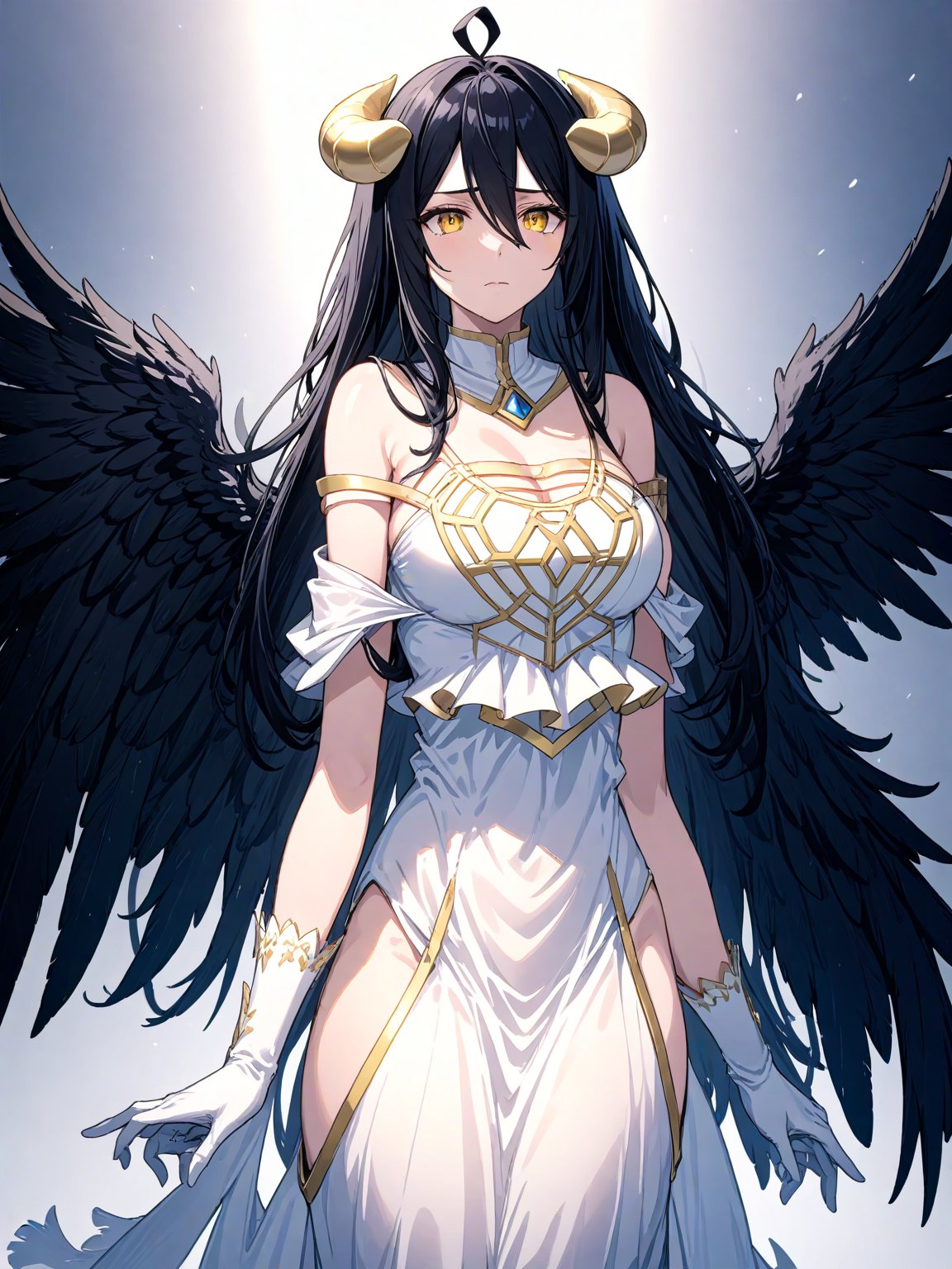 //Quality,
masterpiece, best quality, detailed
,//Character,
1girl, solo
,//Fashion,
,//Background,
,//Others,
,albedo \(overlord\), 1girl, long hair, black hair, hair between eyes, yellow eyes, horns, ahoge, white gloves, white dress, bare shoulders, detached collar, cleavage, slit pupils, black wings, feathered wings, low wings,,<lora:659095807385103906:1.0>