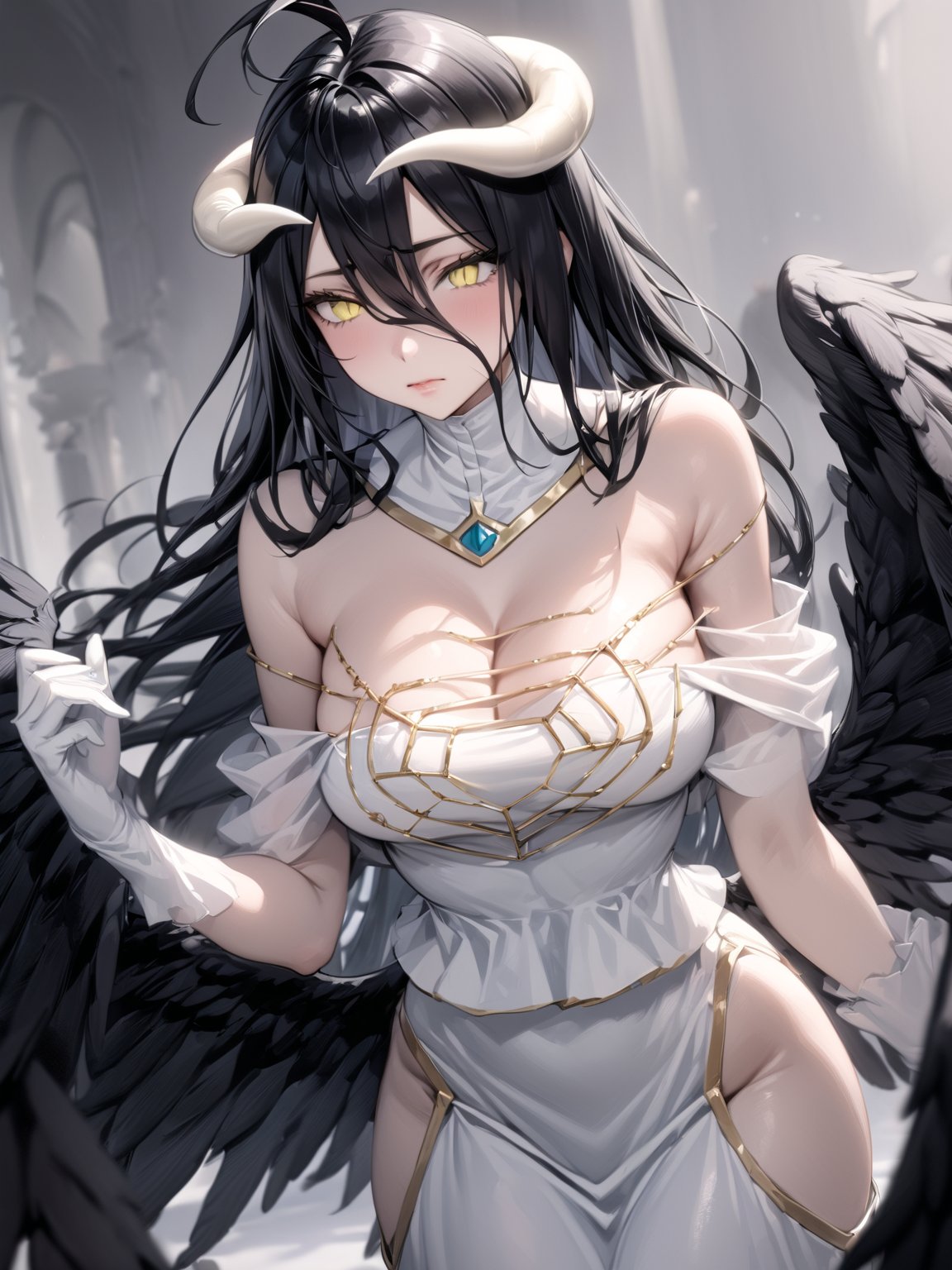 //Quality,
masterpiece, best quality, detailed
,//Character,
1girl, solo
,//Fashion,
,//Background,
,//Others,
,albedo \(overlord\), 1girl, long hair, black hair, hair between eyes, yellow eyes, horns, ahoge, white gloves, white dress, bare shoulders, detached collar, cleavage, slit pupils, black wings, feathered wings, low wings