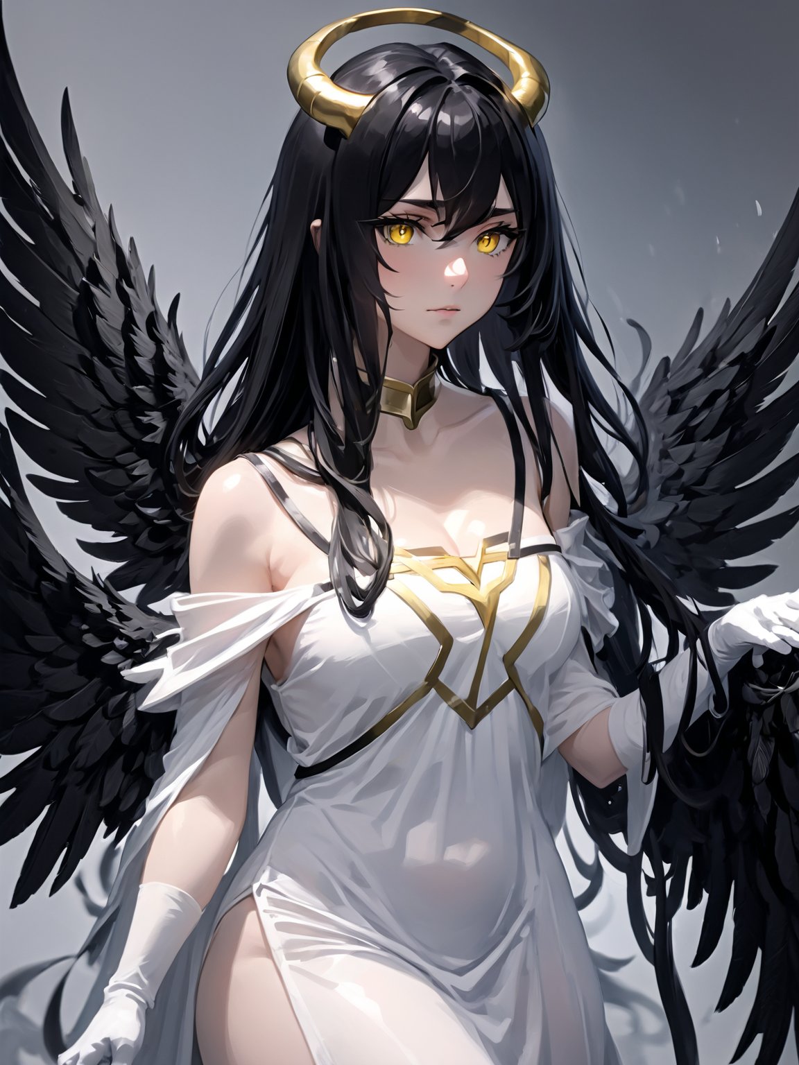 //Quality,
masterpiece, best quality, detailed
,//Character,
1girl, solo
,//Fashion,
,//Background,
,//Others,
,albedo \(overlord\), 1girl, long hair, black hair, hair between eyes, yellow eyes, horns, ahoge, white gloves, white dress, bare shoulders, detached collar, cleavage, slit pupils, black wings, feathered wings, low wings