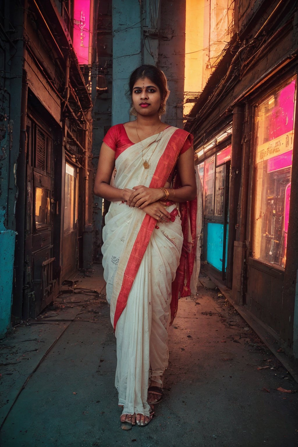 Mallu, 19 yo girl, Dreampolis, saree cover here full body, hyper-detailed digital illustration, cyberpunk, single girl with white saree  the street, neon lights, lighting bar, city, cyberpunk city, film still, in megapolis, pro-lighting, high-res, masterpiece,photorealistic,20yo girl ,1 girl,midjourney,photo of perfecteyes eyes,Saree,1mallu girl,25yo girl,Indian dress