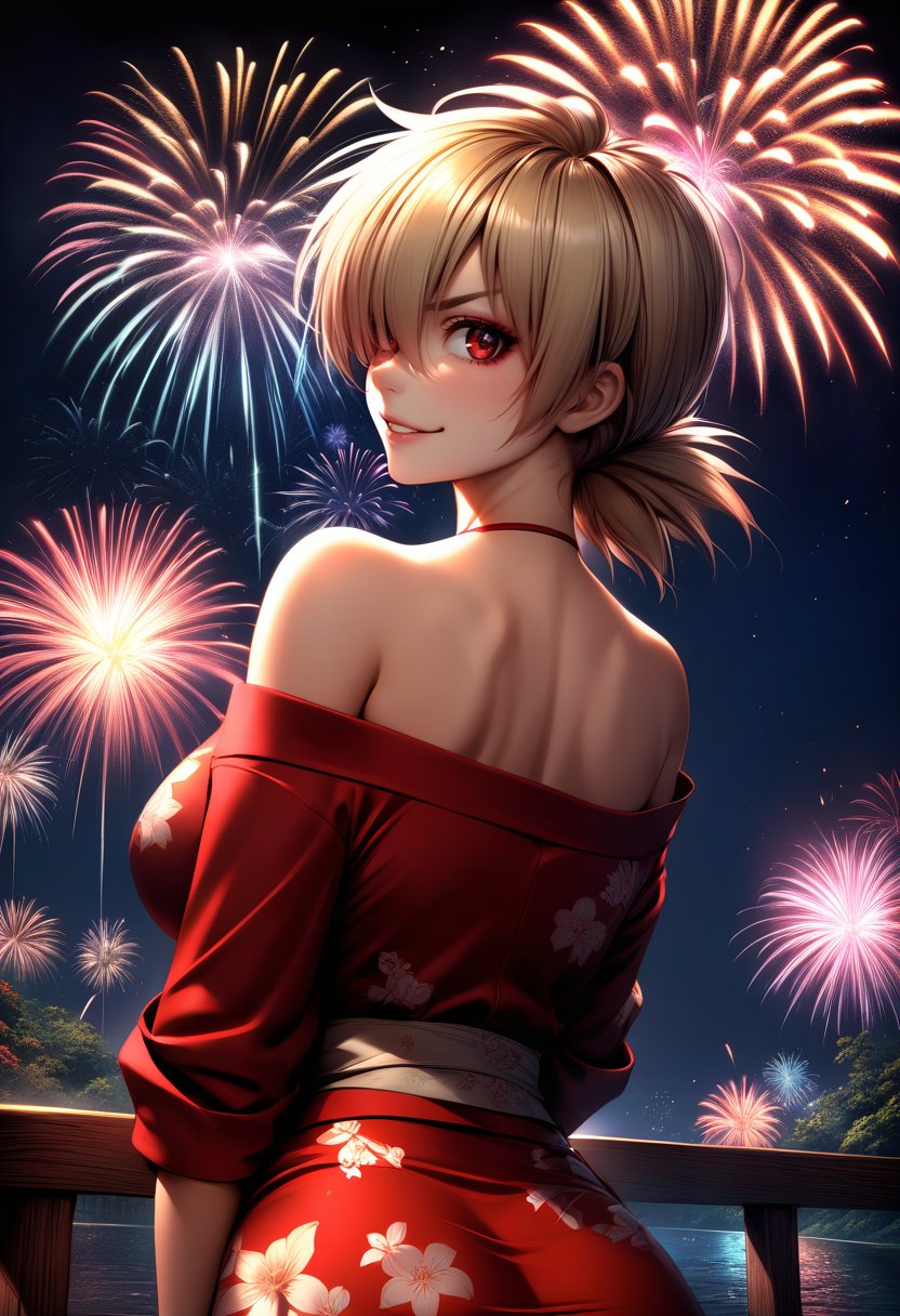 from behind,  solo,  1girl,  seras victoria,  smile,  looking back,  hair over one eye,  red eyes,  v-shaped eyebrows,  red kimono,  floral print,  off shoulder,  bare shoulders,  outdoors,  fireworks,<lora:EMS-285670-EMS:1.000000>