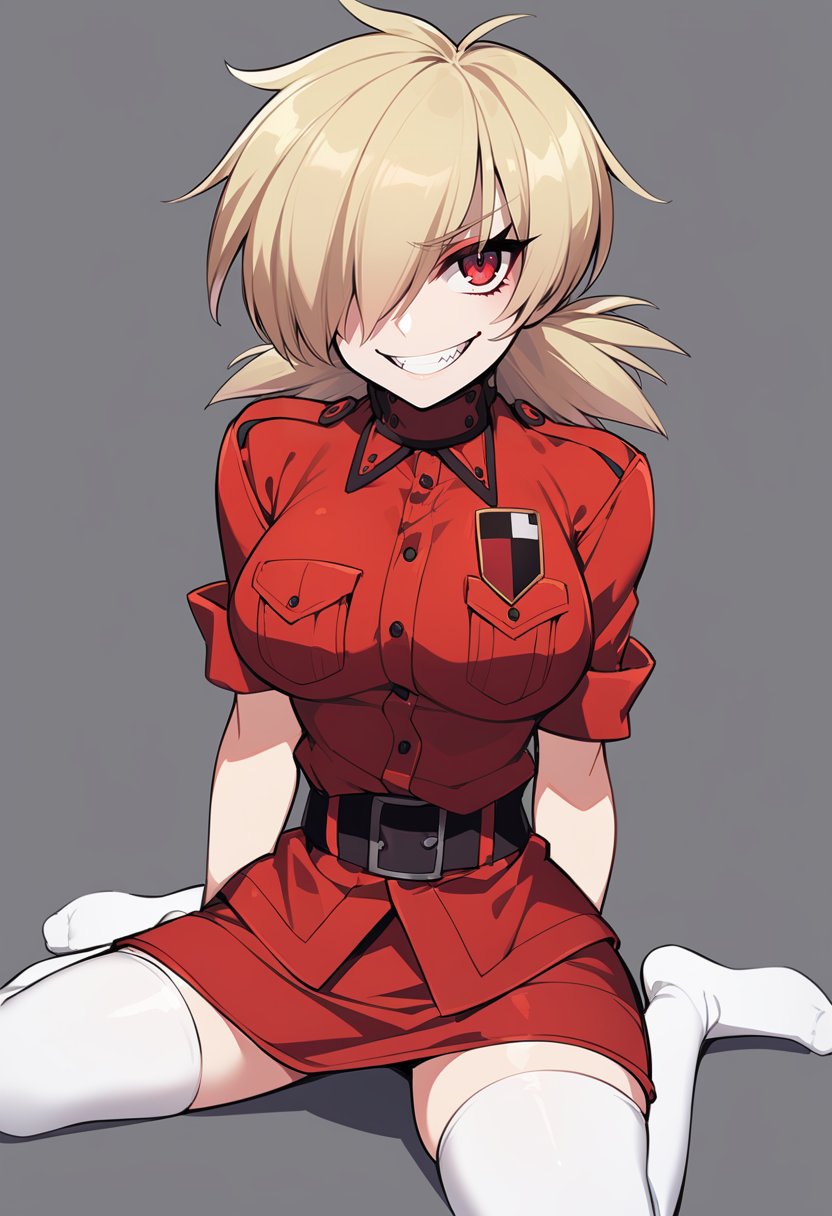 solo,  1girl,  seras victoria,  evil grin,  looking at viewer,  wariza,  hair over one eye,  red eyes,  v-shaped eyebrows,  military uniform,  red shirt,  gloves,  red skirt,  white thighhighs,<lora:EMS-285670-EMS:1.000000>