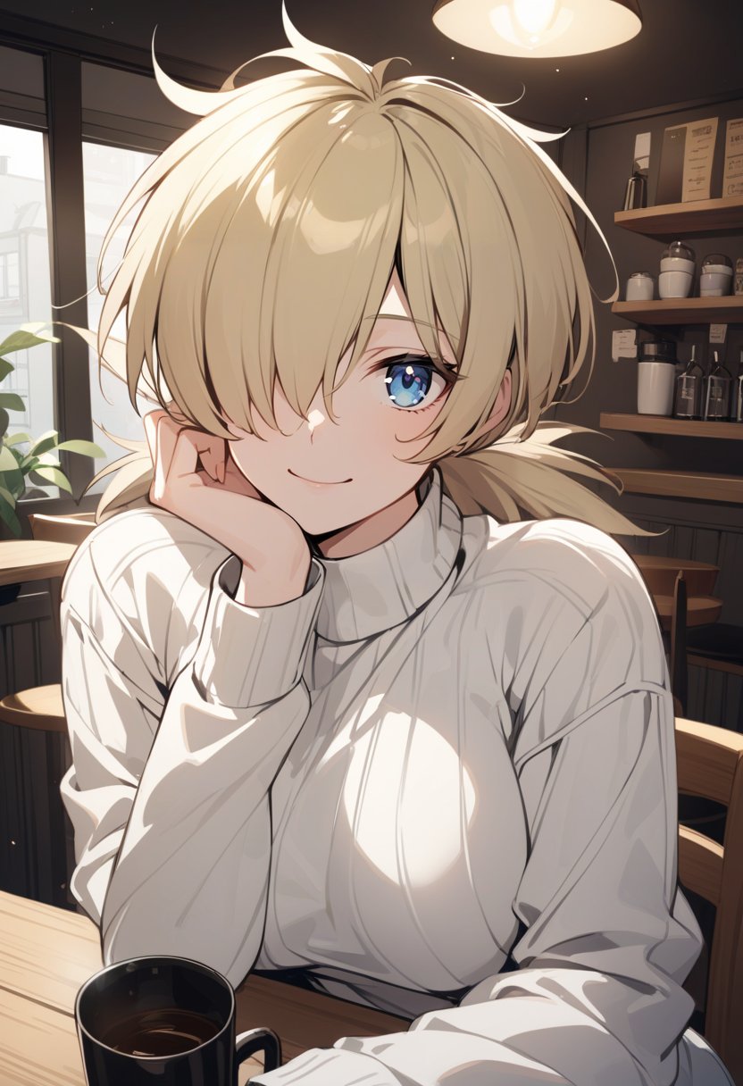 upper body,  solo,  1girl,  seras victoria,  smile,  looking at viewer,  sitting,  chair,  hair over one eye,  blue eyes,  white sweater,  ribbed sweater,  long sleeves,  indoors,  cafe,<lora:EMS-285670-EMS:0.900000>