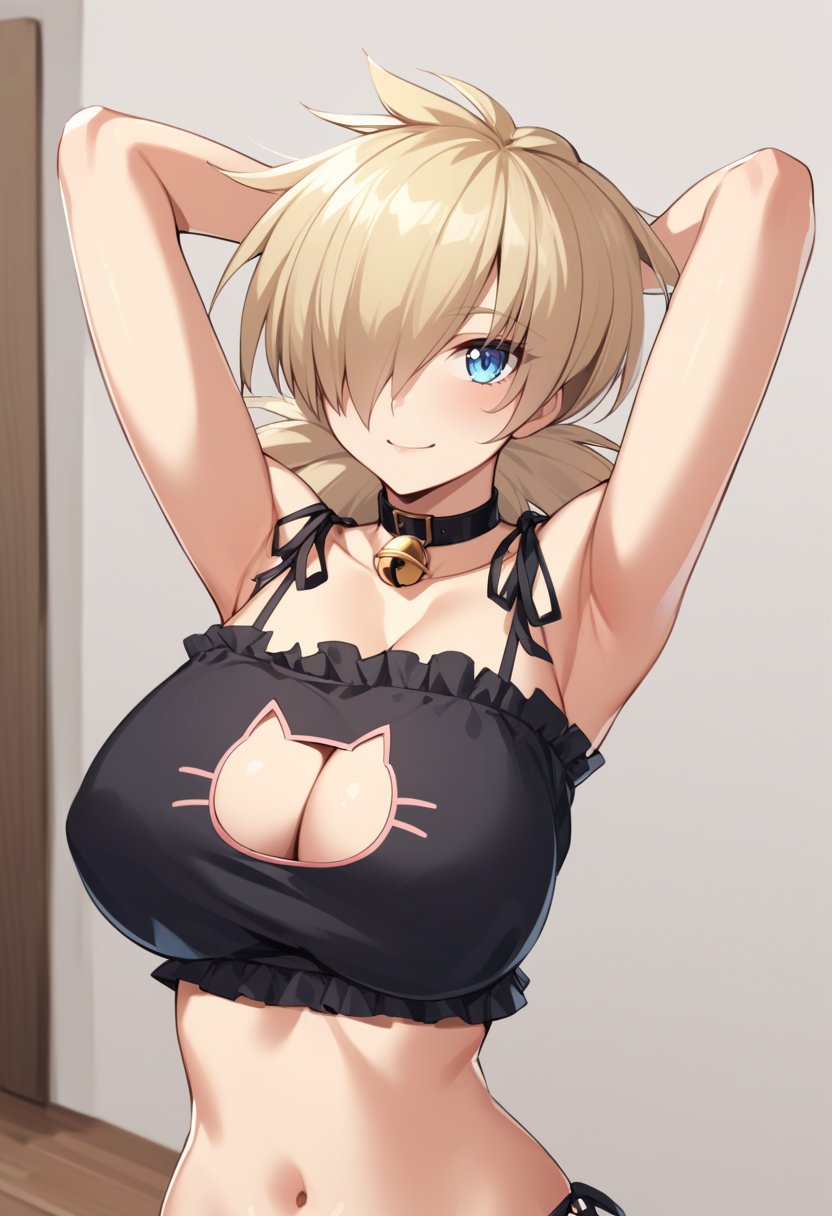 solo,  1girl,  seras victoria,  smile,  looking at viewer,  arms behind head,  hair over one eye,  blue eyes,  cat lingerie,  choker,  neck bell,  large breasts,  indoors,  living room,<lora:EMS-285670-EMS:1.000000>,<lora:EMS-275565-EMS:1.000000>