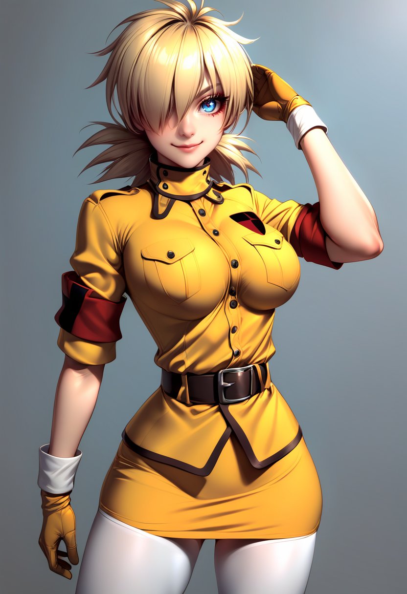 solo,  1girl,  seras victoria,  smile,  looking at viewer,  contrapposto,  hair over one eye,  blue eyes,  military uniform,  yellow shirt,  gloves,  yellow skirt,  white thighhighs,<lora:EMS-285670-EMS:1.000000>