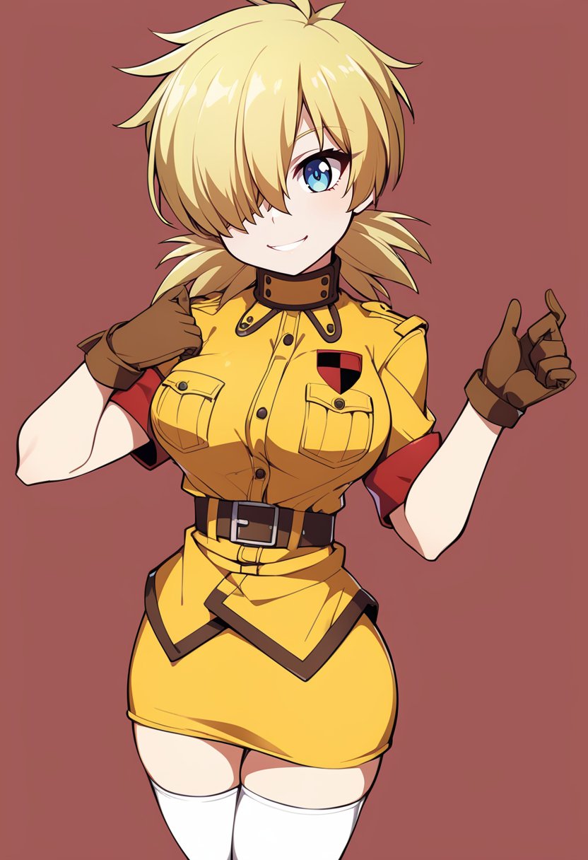 solo,  1girl,  seras victoria,  smile,  looking at viewer,  contrapposto,  hair over one eye,  blue eyes,  military uniform,  yellow shirt,  gloves,  yellow skirt,  white thighhighs, seras victoria,<lora:EMS-285670-EMS:1.000000>