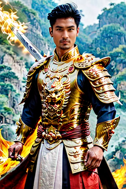 A Asian Dynasty hero full armored swinging his sword into ying yang symbol of fire and water.,man,perfect split lighting