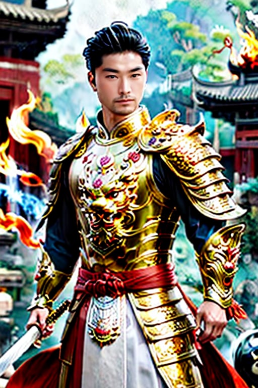 A Asian Dynasty hero full armored swinging his sword into ying yang symbol of fire and water.,man,perfect split lighting,Heroic Characters