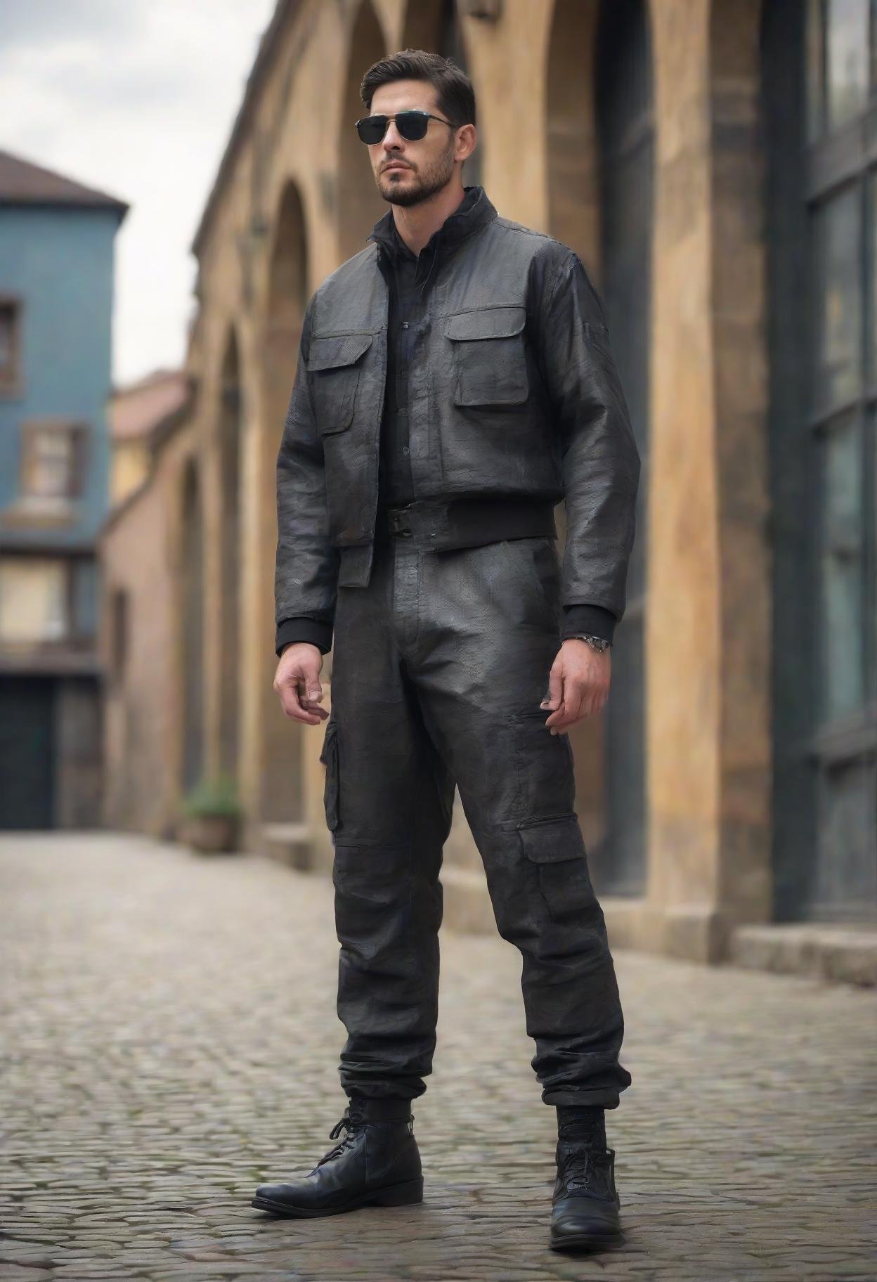 DonM1uth3rXL man,in front of a 3g3Kl0st3rXL portal,liquid metal texture    black ar-embedded cargo pants, neural interface leather robotic work jacket, levitating sandals,         <lora:myLora\DonM1uth3rXL-000008><lora:myLora\3g3Kl0st3rXL-000006:0.6>,