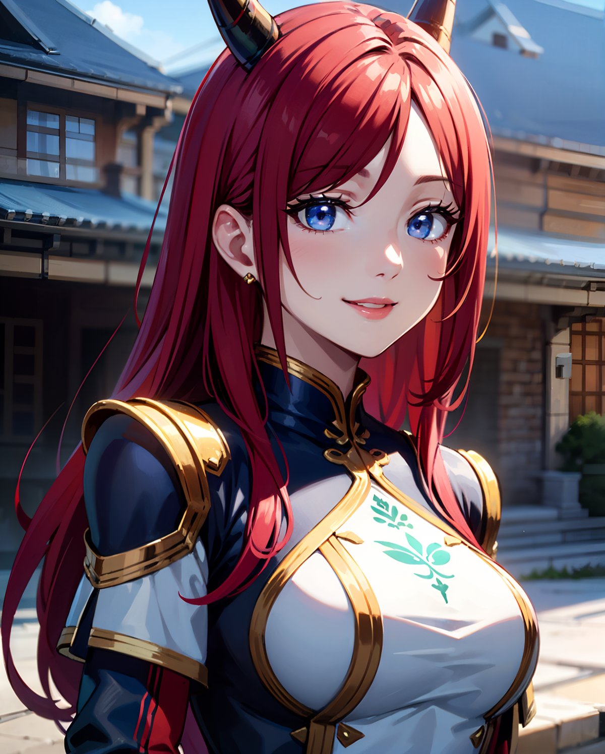 1dragon girl, wearing a dragon armor, long red hair, fantasy, dragon horns, , photo of perfecteyes eyes, Realism,photo of perfecteyes eyes,Realism,Extremely Realistic, upper body, bright smile, front view, 