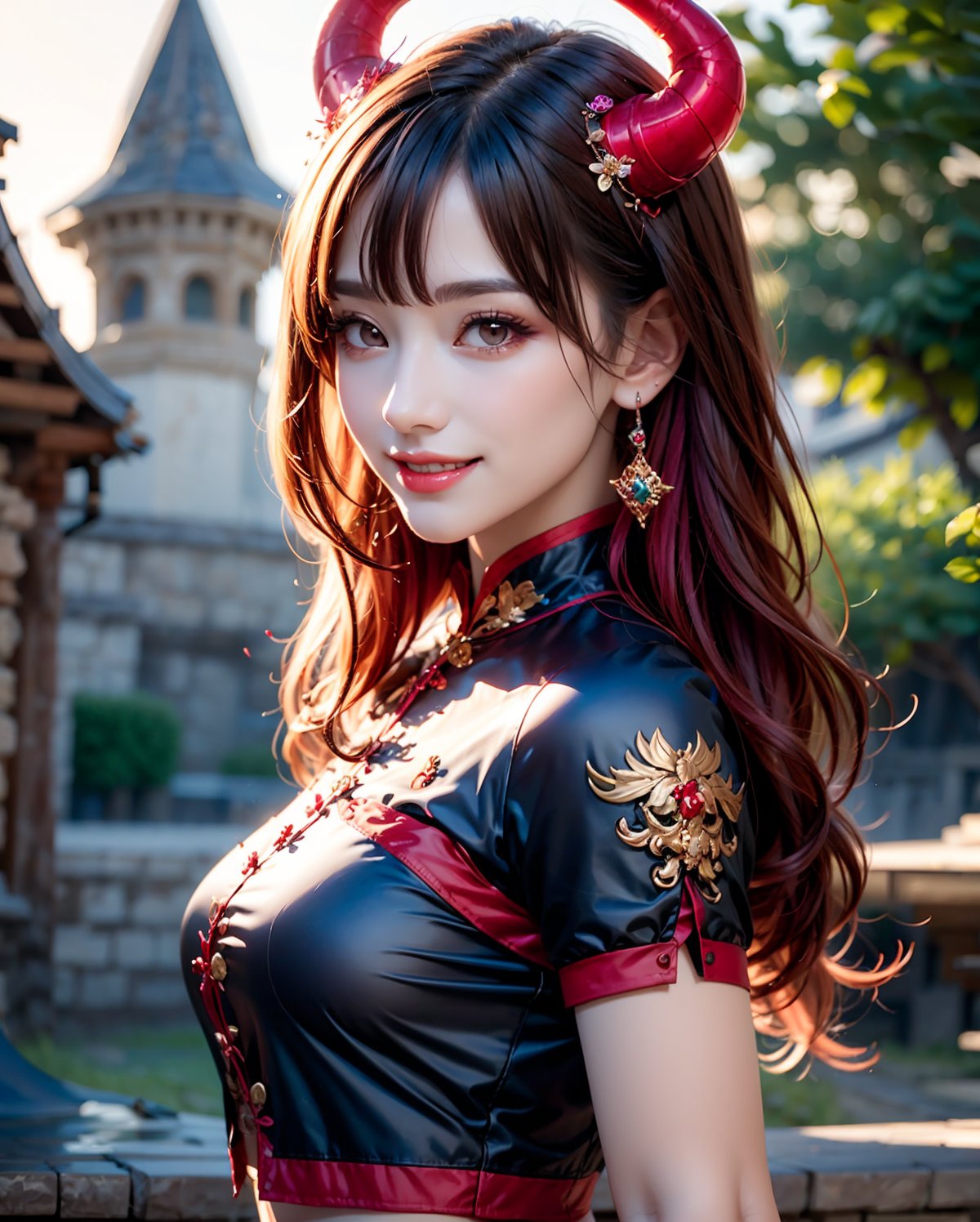 1dragon girl, wearing a dragon armor, long red hair, fantasy, dragon horns, , photo of perfecteyes eyes, Realism,photo of perfecteyes eyes,Realism,Extremely Realistic, upper body, bright smile, front view, 