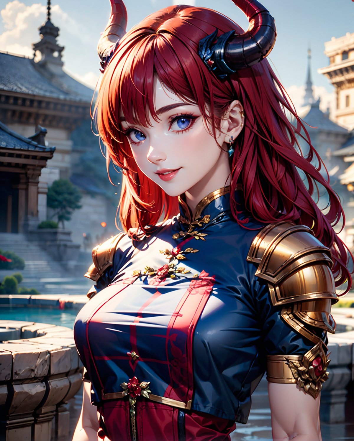 1dragon girl, wearing a dragon armor, long red hair, fantasy, dragon horns, , photo of perfecteyes eyes, Realism,photo of perfecteyes eyes,Realism,Extremely Realistic, upper body, bright smile, front view, 