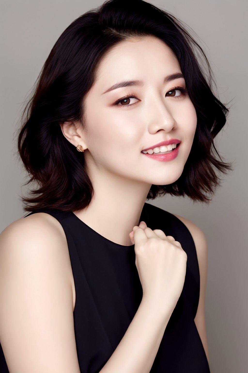 1girl,solo,looking at viewer,short hair,simple background,black hair,dress,bare shoulders,brown eyes,upper body,parted lips,teeth,hand up,grey background,black eyes,lips,realistic