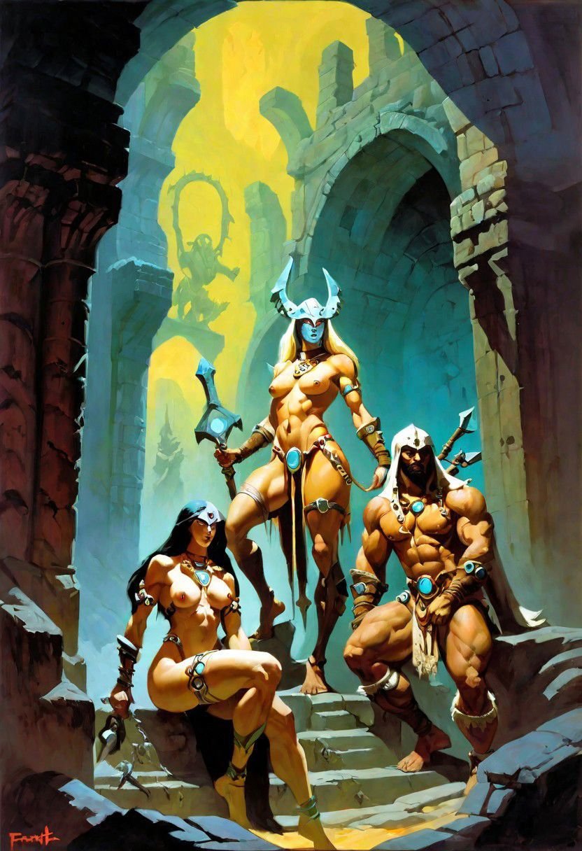 Fantasy painting, masterpiece by frank frazetta, androgynous, dungeon _party, group, muscular, fetish, fantasy masterpiece, a party of beautiful adventurers exploring an ancient dungeon, cyberpunk, vaporwave, arcane ruins