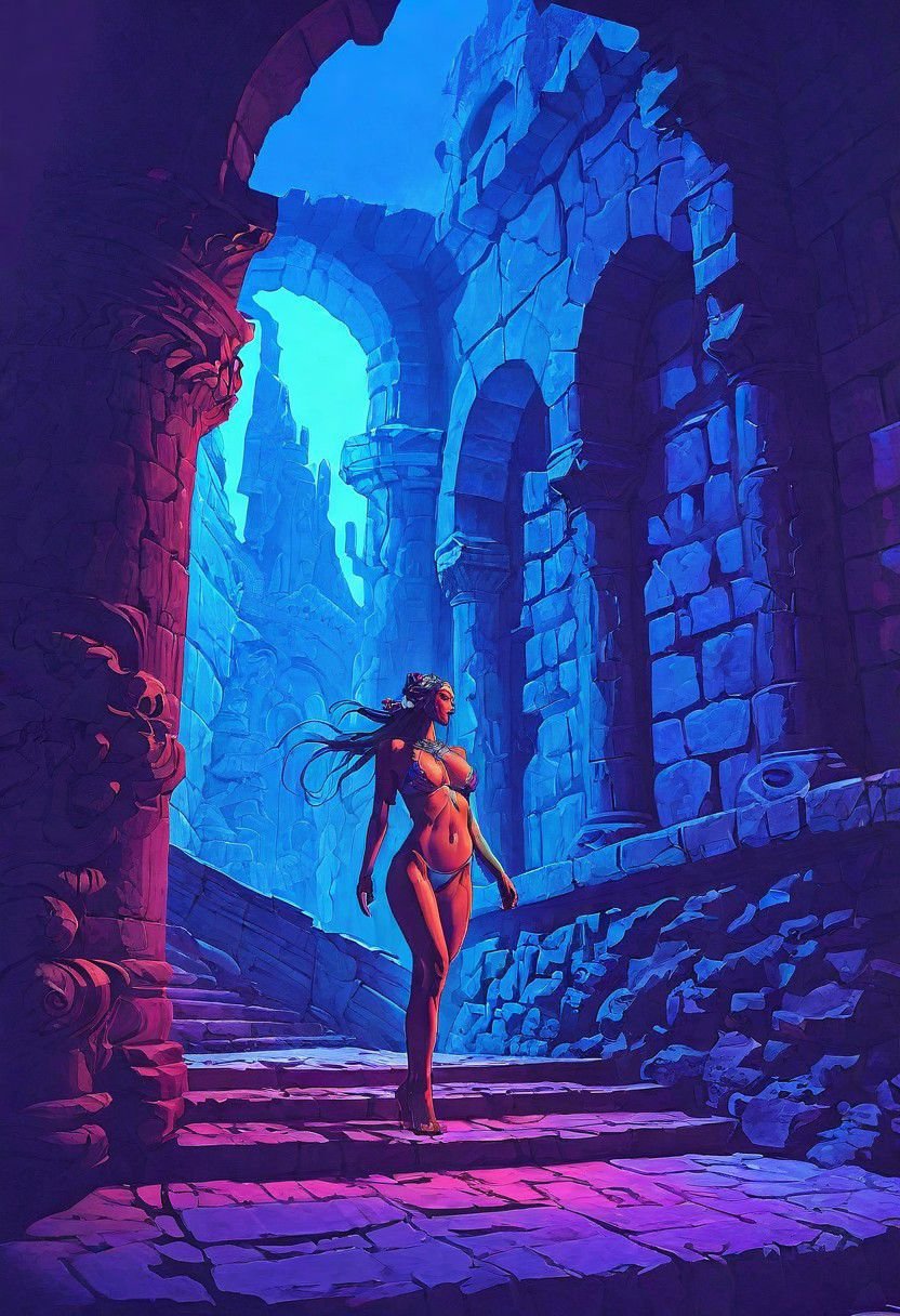 Dark vaporwave color palette, Fantasy painting, masterpiece by frank frazetta, androgynous, dungeon_party, group, muscular, fetish, fantasy masterpiece, a party of beautiful adventurers exploring an ancient dungeon, cyberpunk, vaporwave, arcane ruins