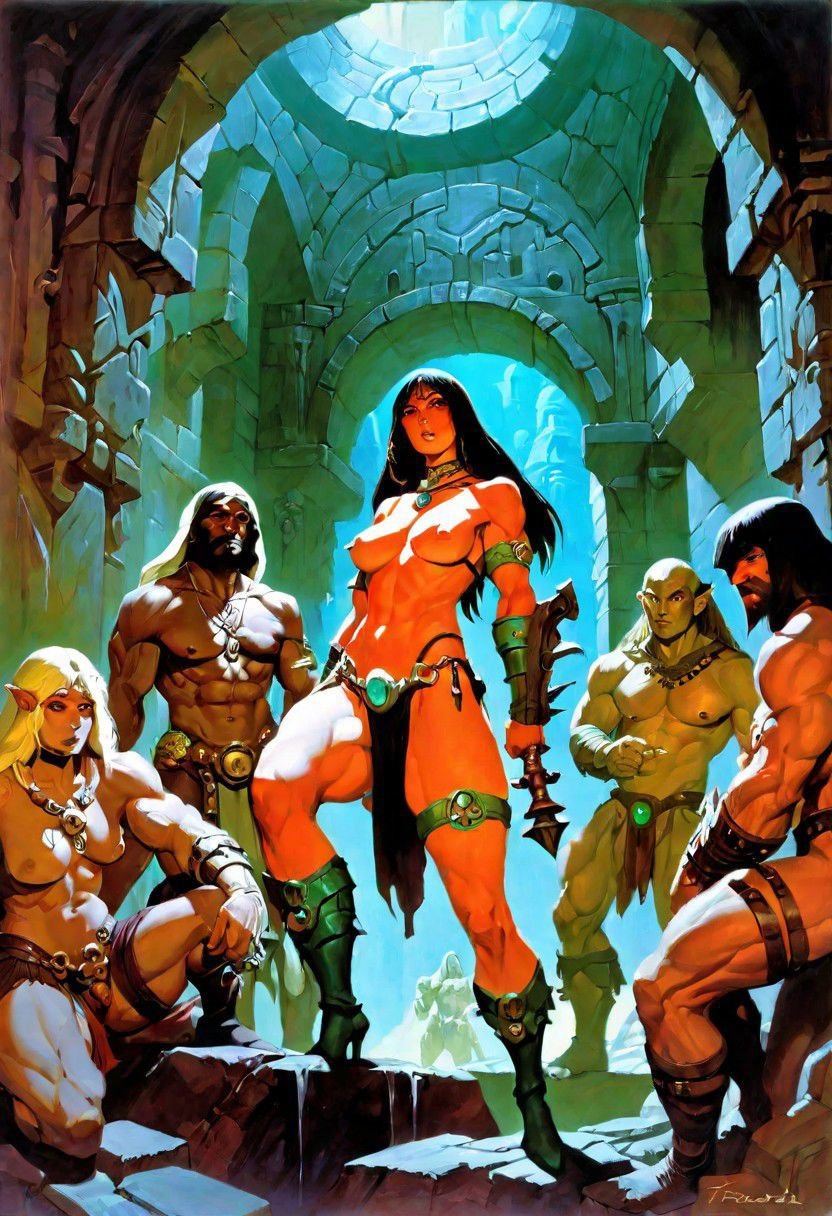 Fantasy painting, masterpiece by frank frazetta, androgynous, dungeon _party, group, muscular, fetish, fantasy masterpiece, a party of beautiful adventurers exploring an ancient dungeon, cyberpunk, vaporwave, arcane ruins