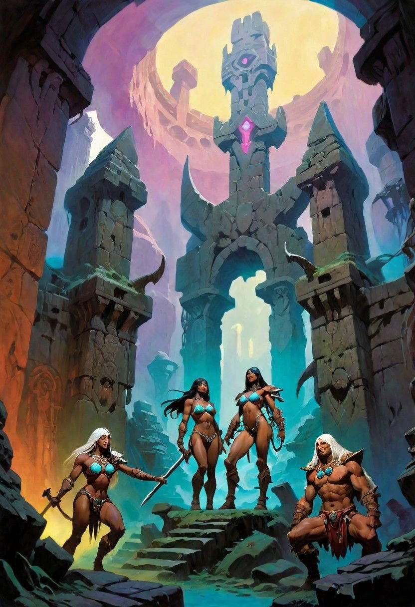 Fantasy painting, masterpiece by frank frazetta, androgynous, dungeon _party, group, muscular, fetish, fantasy masterpiece, a party of beautiful adventurers exploring an ancient dungeon, cyberpunk, vaporwave, arcane ruins