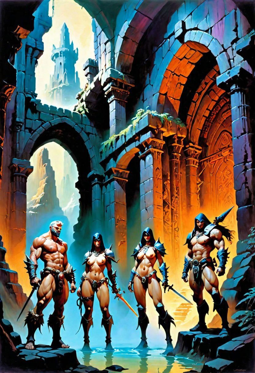 Fantasy painting, masterpiece by frank frazetta, androgynous, dungeon _party, group, muscular, fetish, fantasy masterpiece, a party of beautiful adventurers exploring an ancient dungeon, cyberpunk, vaporwave, arcane ruins