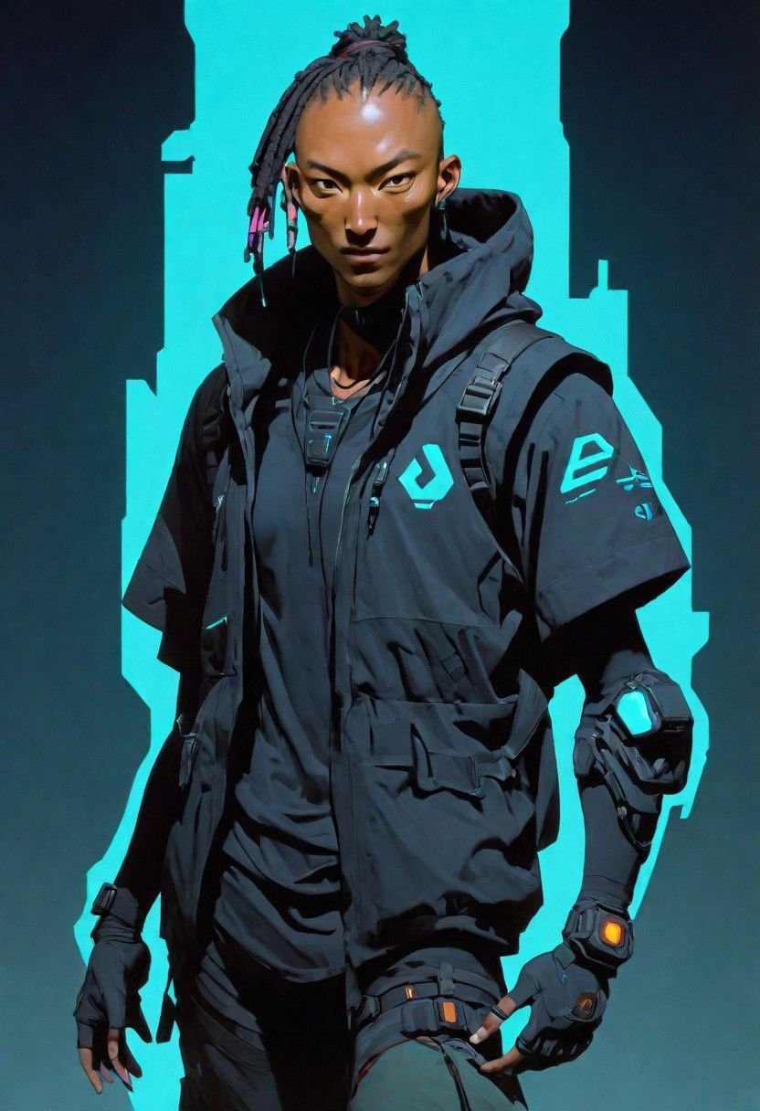 Stylized, shadowrun_character, masculine, high-tech lowlife, jacket, courier