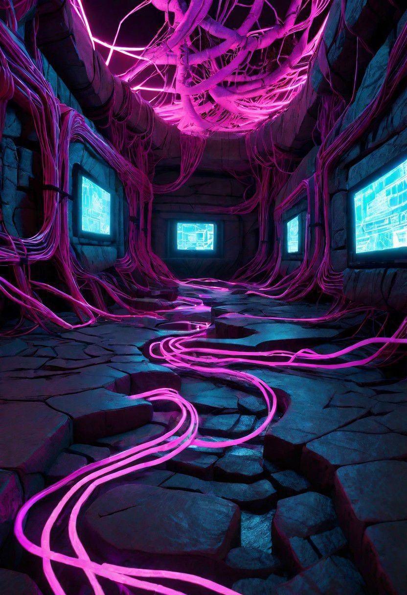 Photorealistic, Octane render, hyper realistic textures, Twisting cavernous Cyberpunk catacombs, Mayan ruins, tunnels lined with pipe work and wires, sleek computer terminals, drab graffitied concrete illuminated by the soft glow of neon lighting, thick twisting vines and tree roots, masterpiece, sci-fi, dramatic lighting, vaporwave vibe, arcane ruins