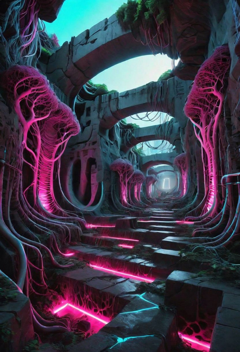 Photorealistic, Octane render, hyper realistic textures, Twisting cavernous Cyberpunk catacombs, tunnels lined with pipe work and wires, drab graffitied concrete illuminated by the soft glow of neon lighting, thick twisting tree roots growing in through the walls, masterpiece, sci-fi, dramatic lighting, vaporwave vibe