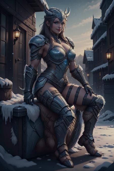 masterpiece, best quality, expressive eyes, absurdres, <lora:VikingWorld:1> vikingworld, 1girl, sitting,  legs, armoured dress, greaves, thigh armour,  looking at viewer, smiling,