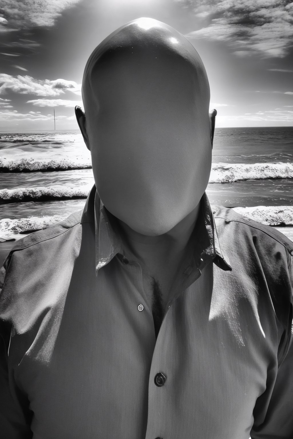 b&w photo of 42 y.o man in black clothes, bald, faceless, realistic, half body, coastline, overcast weather, wind, waves, 8k uhd, dslr, soft lighting, high quality, film grain, Fujifilm XT3 <lora:Faceless:1>