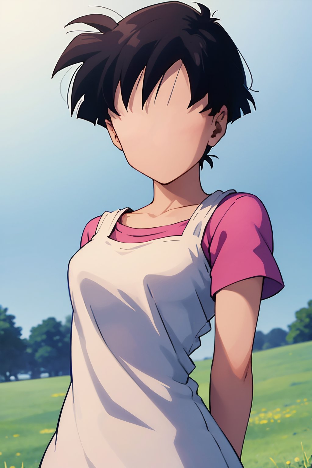 masterpiece, best quality, faceless, faceless female, 1girl, videl, black hair, short hair, pink shirt, upper body, arms behind back, looking at viewer, solo, grass, blue sky, meadow background  <lora:Videl:0.8> <lora:Faceless:1>