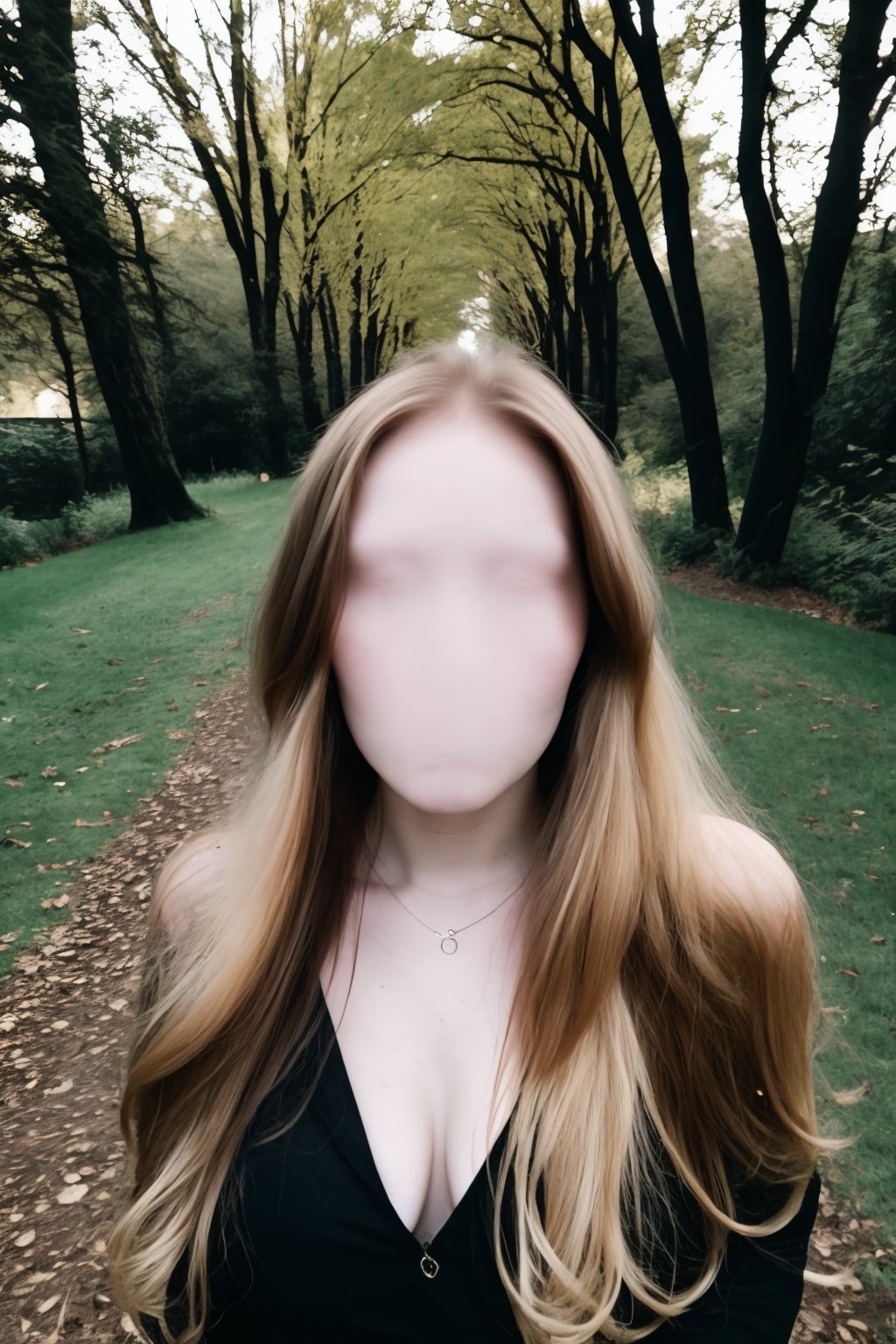 blonde woman in a dark theme, (faceless), faceless female, long hair, outdoors  <lora:Faceless:1>