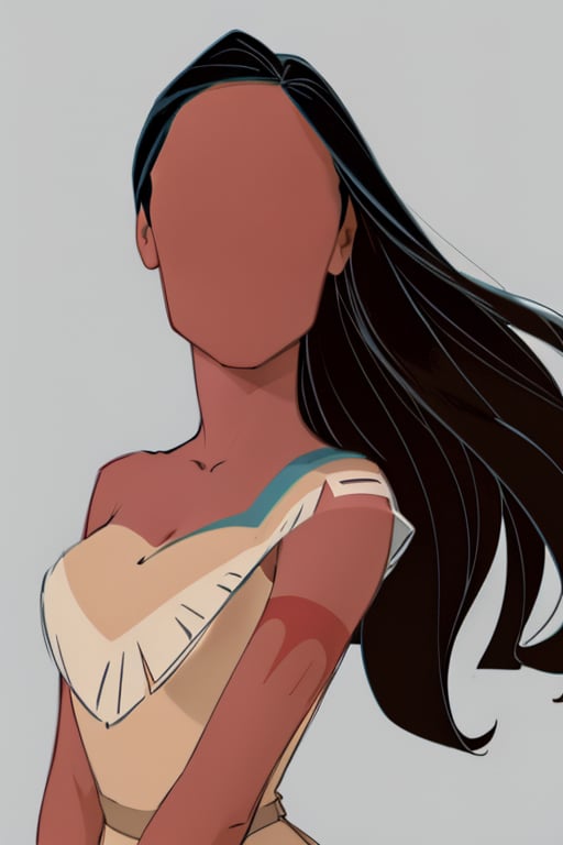 masterpiece, best quality, faceless, faceless female, 1girl, pocahontas, dark skin, black hair, long hair, (floating hair:0.5), sketch, simple background   <lora:Pocahontas:1>  <lora:Faceless:1>