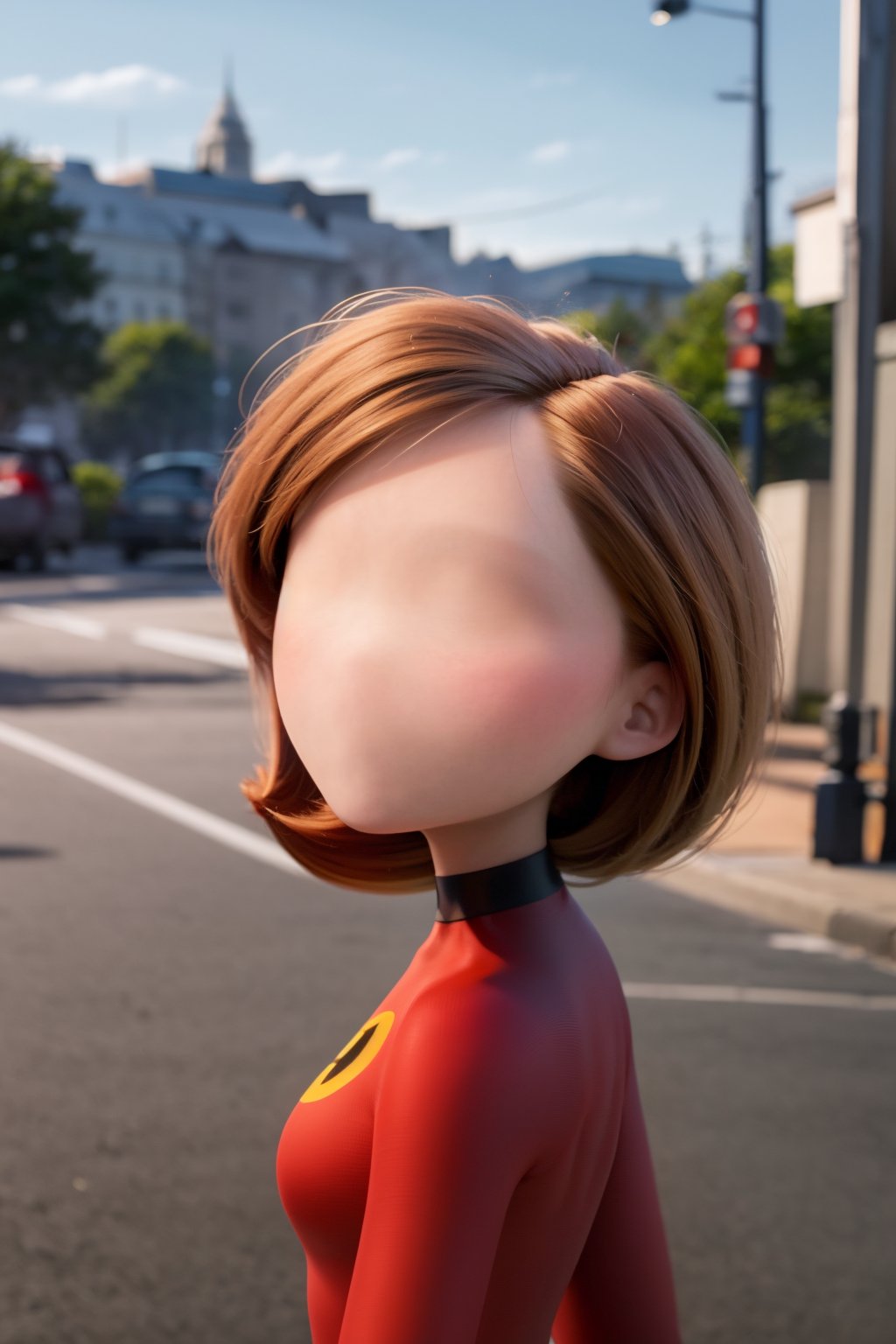 masterpiece, best quality, faceless, 1girl, helenparr, brown hair, bodysuit, upper body, view from side, profile, simple background <lora:Faceless:1> <lora:HelenParr:0.8>