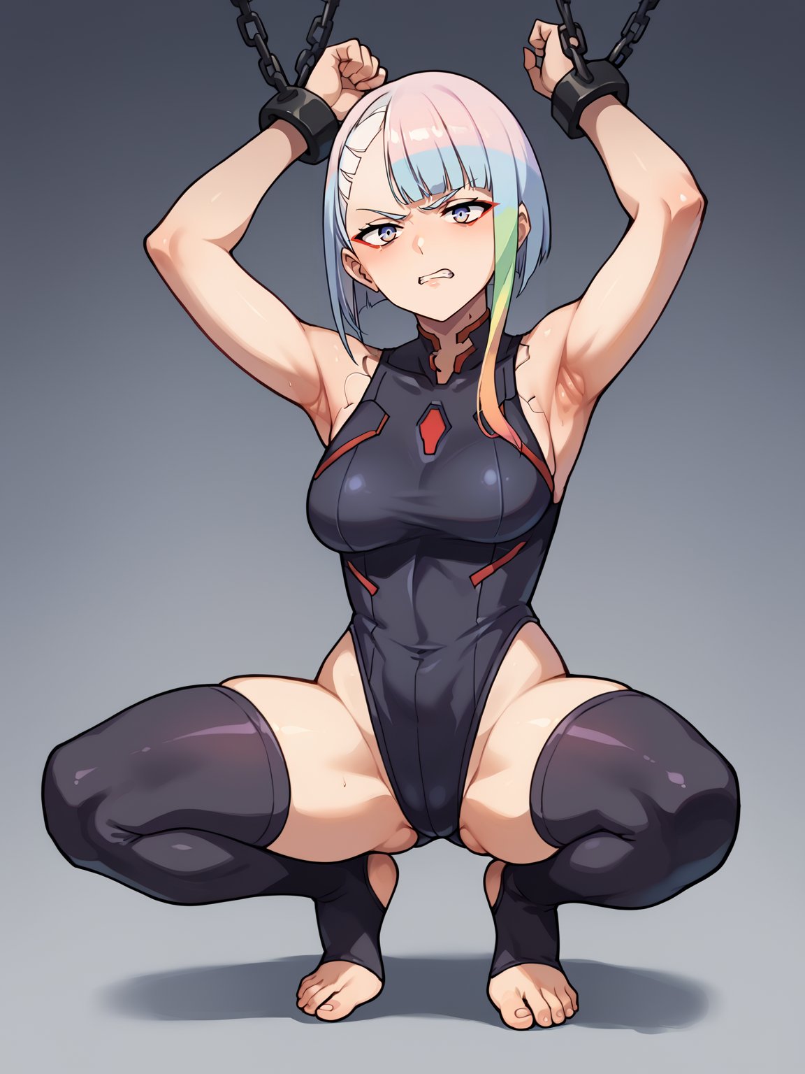 score_9, score_8_up, score_7_up, score_6_up, score_5_up, score_4_up, BREAK, source_cartoon, source_anime, 1girl squatting, lucy \(cyberpunk\), short hair, bangs, red eyeliner, angry, chained, leotard, stirrup stockings, simple background    <lora:LucyXL:1>