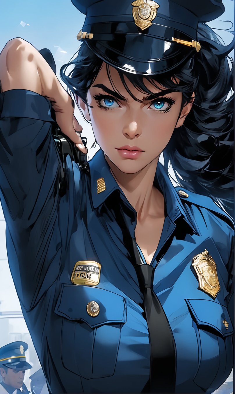 (masterpiece), best quality, expressive eyes, perfect face, (police), ((woman)), (hair up in high ponytail), (long wavy hair), ((black hair)), ((gold and blue eyes)), (slim eyes), ((in police uniform)), ((holding gun at viewer)), {{{vivid colors}}}, {{{PROFESSIONAL}}}.





niji6