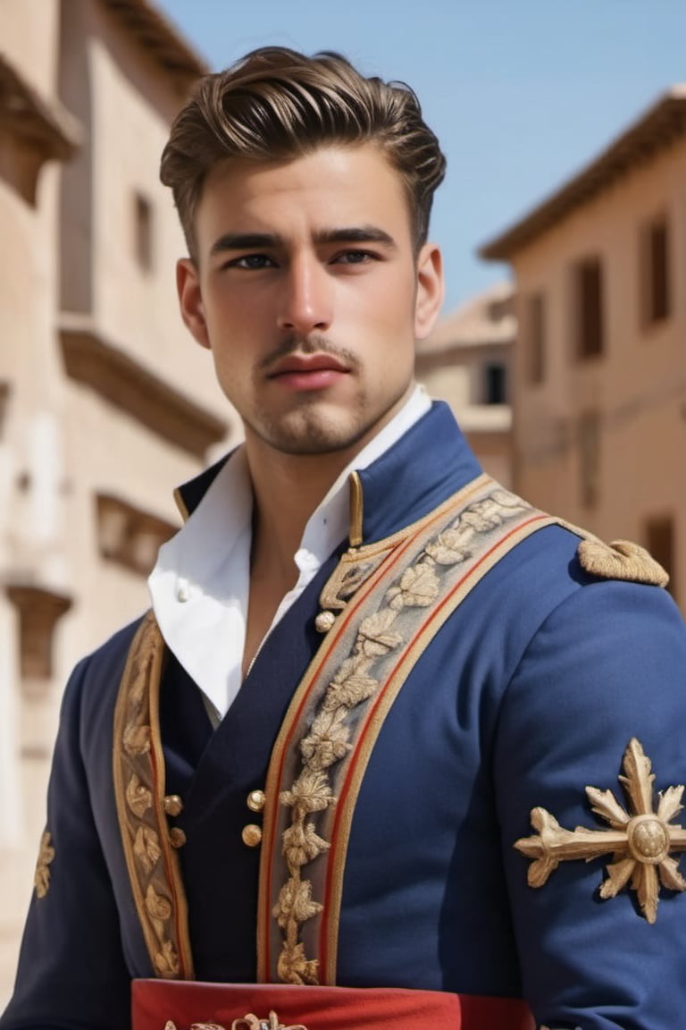 a hispanic young handsome prince wearing spanish royal outfit with red waist cloth belt, conquistador, regal style coat, (traditional spanish attire:0.4), royalty, nautical, ethereal, manly, hairy, chest hair, youthful, clean-shaved, 18 years old, envious, shiny, heroic, Brown hair, tanned skin, defined jawline, crooked nose, hot, sea captain, lustful, masculine, spanish, portuguese, mythology, medieval, fantasy, young, alpha male, handsome male, high fantasy, art by wlop, facing in front (portrait close-up), renaissance painting, masterpiece, realistic, photorealistic, 8k, cinematic lighting, very dramatic, very artistic, soft aesthetic, innocent, outdoors (spanish coast, spanish village), art by john singer sargent, greg rutkowski,greg rutkowski