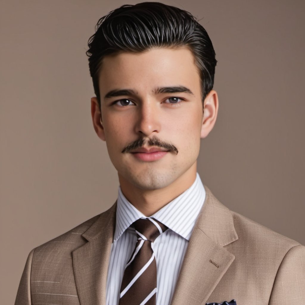 solo, looking at viewer, black hair, 1boy, brown eyes, suit, white shirt, upper body, necktie, striped, collared shirt, mustache, formal, brown jacket, office