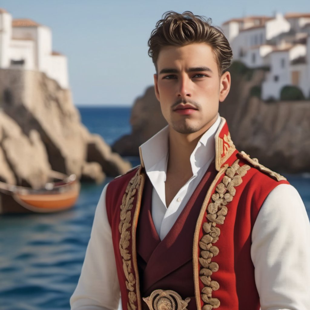 a hispanic young handsome prince wearing spanish royal outfit with red waist cloth belt, conquistador, regal style coat, (traditional spanish attire:0.4), royalty, nautical, ethereal, manly, hairy, chest hair, youthful, clean-shaved, 18 years old, envious, shiny, heroic, Brown hair, tanned skin, defined jawline, crooked nose, hot, sea captain, lustful, masculine, spanish, portuguese, mythology, medieval, fantasy, young, alpha male, handsome male, high fantasy, art by wlop, facing in front (portrait close-up), renaissance painting, masterpiece, realistic, photorealistic, 8k, cinematic lighting, very dramatic, very artistic, soft aesthetic, innocent, outdoors (spanish coast, spanish village), art by john singer sargent, greg rutkowski,greg rutkowski