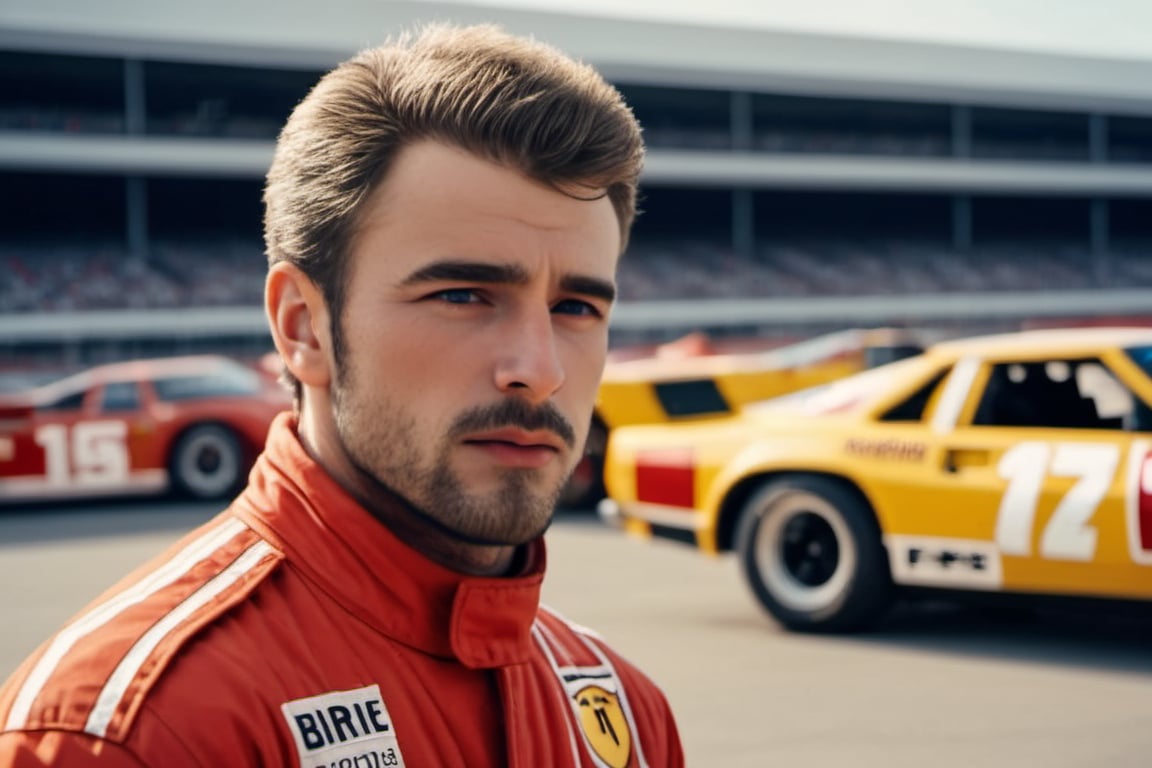 hot young adult man, dilf, burly, outdoor, hairy, incel, mutton chops, handsome, short hair, sex offender, wolf eyes, thick eyebrows, handsome, sideburns, 1970s (style), realistic, cinematic lighting, 8k, wearing red yellow F1 racing uniform, branded nomex suit, scruffy face