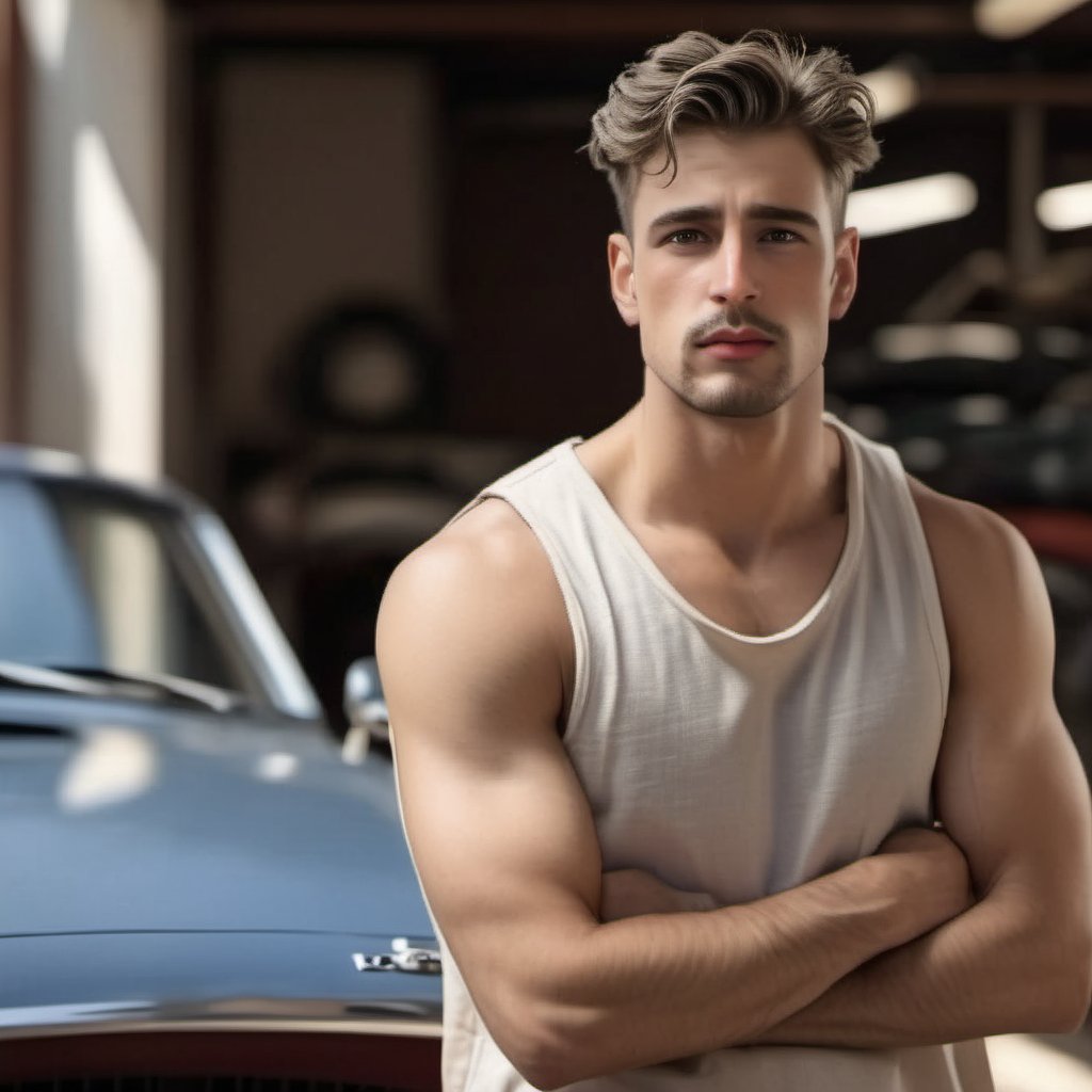 a handsome man, wearing tank top, car mechanic, realistic, photorealistic, 8k, cinematic lighting, very dramatic, European man, soft aesthetic, innocent, art by john singer sargent, handsome Italian