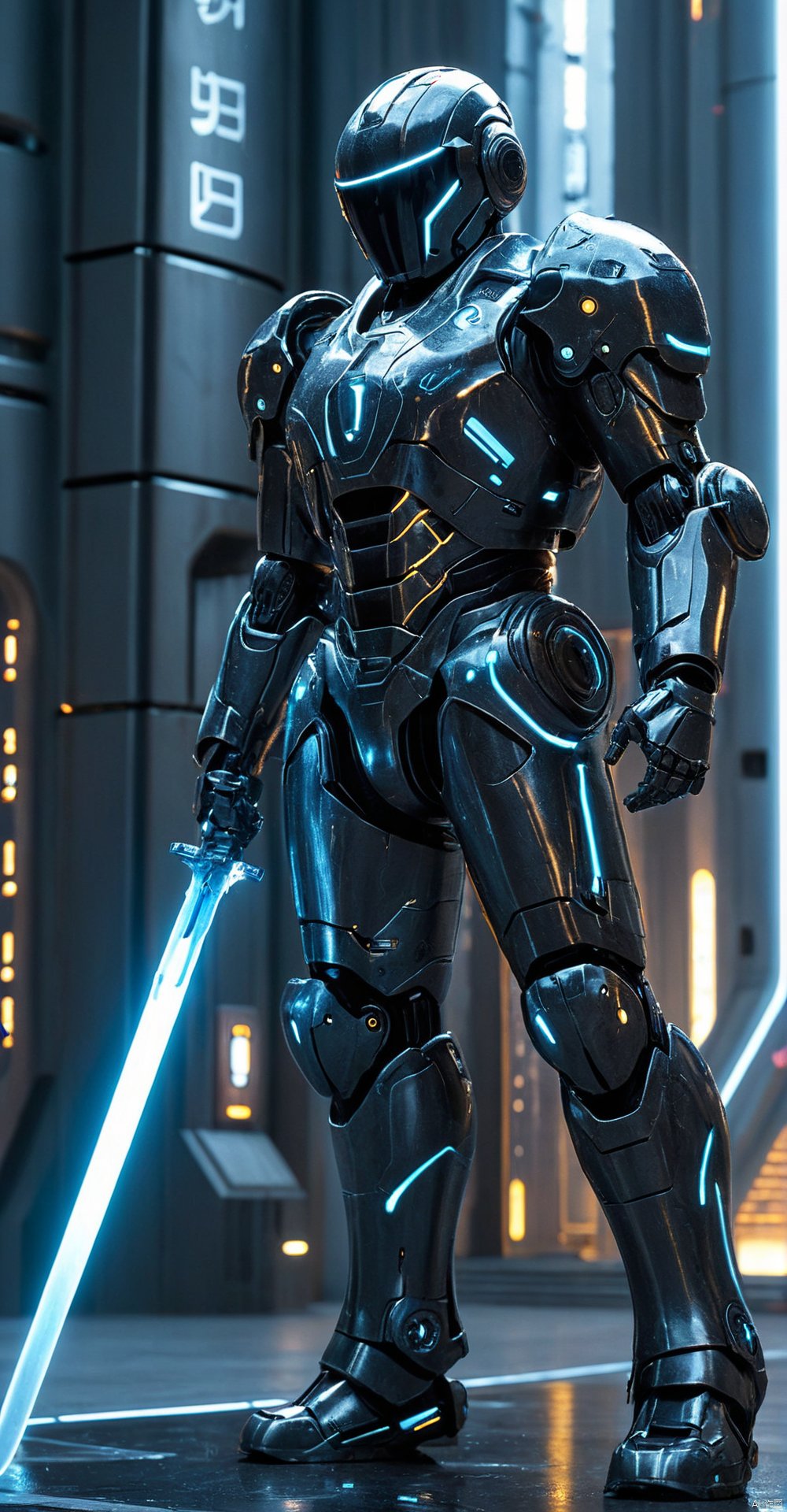 Close up shot of a futuristic robot, holding glowing sword infront of him, standing up, wearing dark tech armor, futuristic spacestation in background, HKStyle, HD, masterpiece, best quality, hyper detailed, ultra detailed, anime image, HKSTYLE