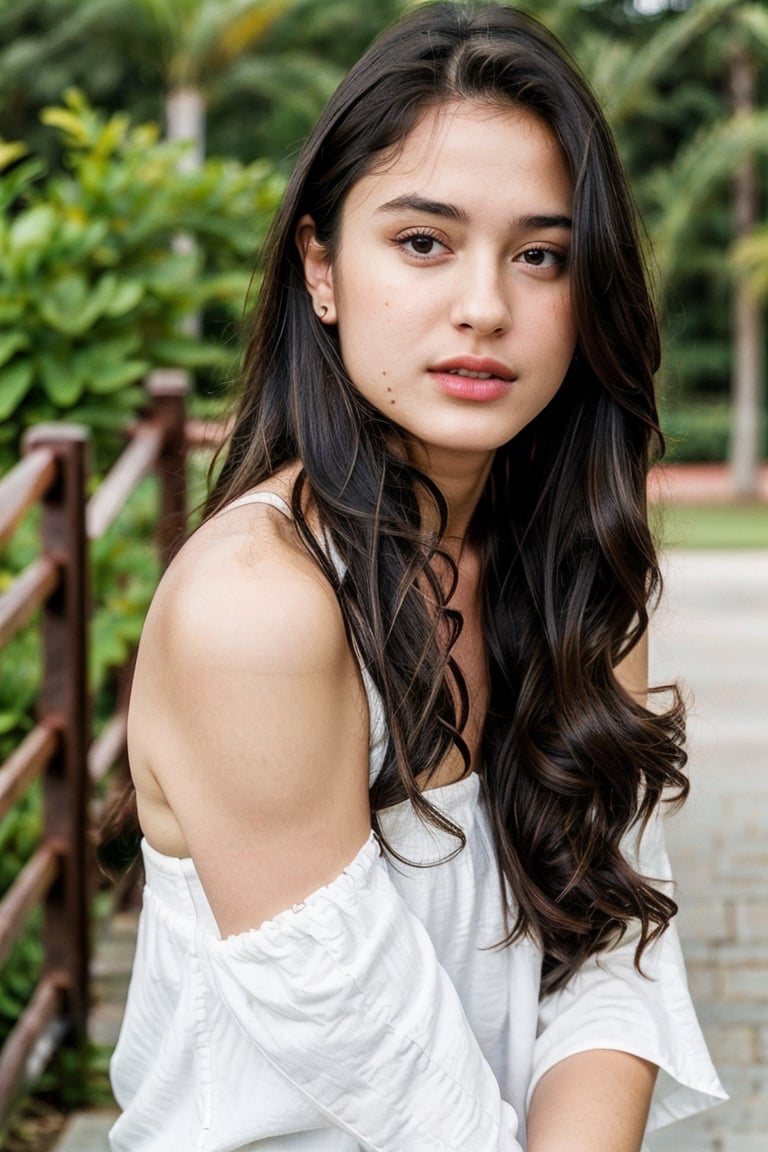 1girl, solo, long hair, looking at viewer, brown hair, shirt, black hair, bare shoulders, brown eyes, upper body, outdoors, off shoulder, blurry, black eyes, lips, hand in own hair, realistic