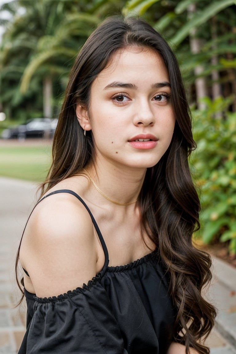 1girl, solo, long hair, looking at viewer, brown hair, shirt, black hair, bare shoulders, brown eyes, upper body, outdoors, off shoulder, blurry, black eyes, lips, hand in own hair, realistic