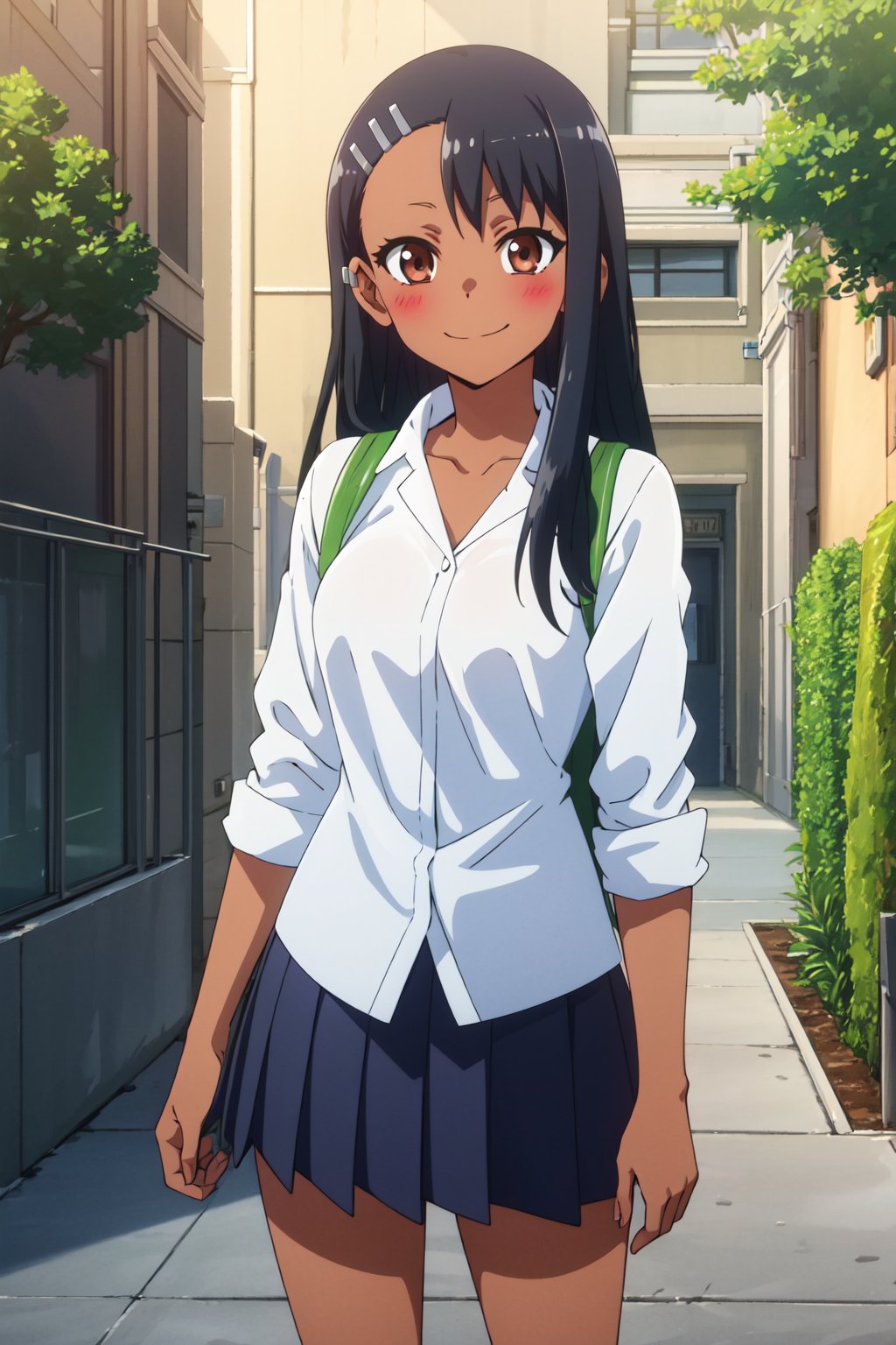 <lora:anime_screencap_v2:0.3> tall body, tall, long legs, mature female, mature, adult, <lora:GoodHands-beta2:1.4>, <lora:eft_nagatoro_main-02:0.8> Eft_Nagatoro_Main, nagatoro hayase, 1girl, blush, solo, shirt, black hair, bag, brown eyes, hair ornament, looking at viewer, hairclip, outdoors, backpack, smile, long hair, white shirt, dark-skinned female, dark skin, school uniform, bangs, day, skirt, collared shirt, collarbone, earclip, sleeves rolled up, closed mouth, tree, asymmetrical bangs, upper body