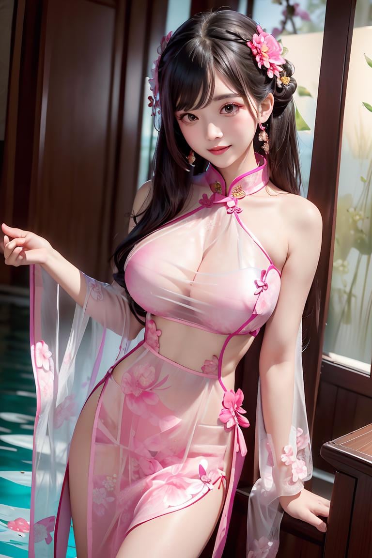 (((masterpiece))),  (((best quality))),  (((half body photo))),  ((tangfengspabelle)),  ((forehead floral mark)),  ((partially submerged in water)),  solo,  1girl,  (((pink complex pattern cut-out chiffon see through floral qipao))),  topless,  strapless,  updo hairclip,  ((longhair)),  ((huge tits)),  smile,<lora:EMS-259766-EMS:0.700000>