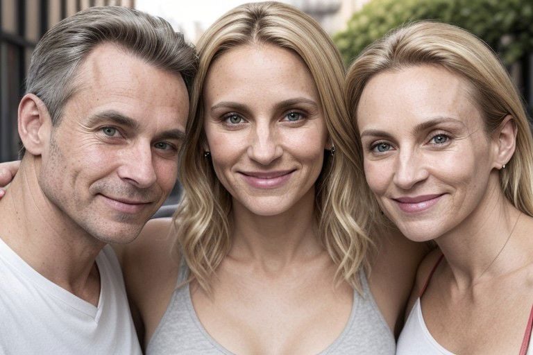 portrait of three, sharp focus, penetrating eyes, (smile:0.4), brown eyes, 30s, wrinkles, (blonde:0.03), casual attire, (red v-neck shirt:0.2), three best friends, same age, snapshot