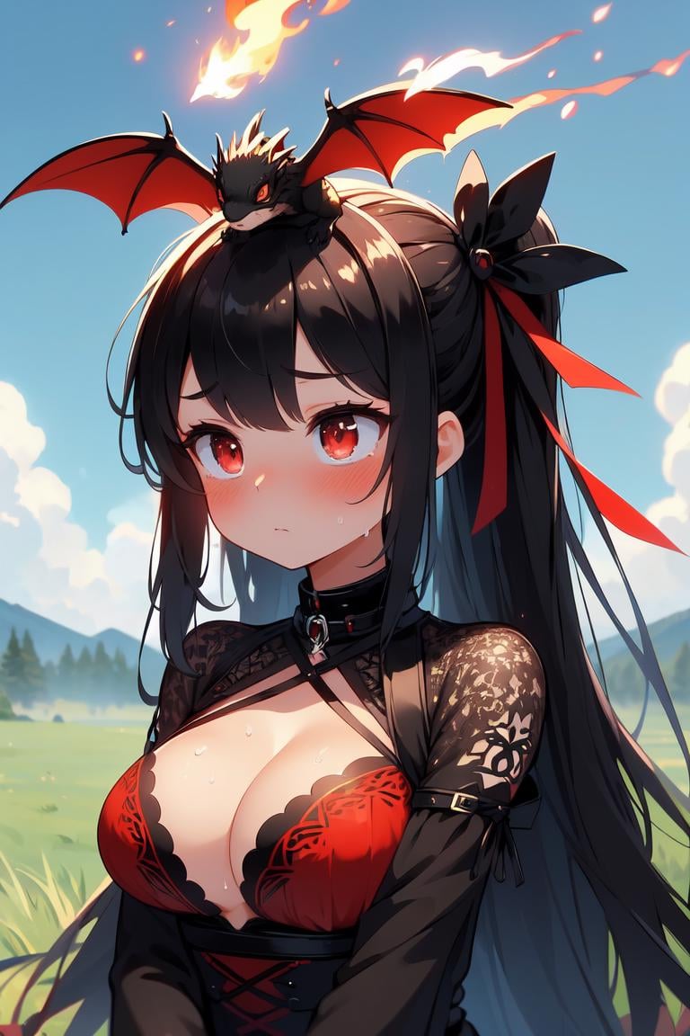 (((masterpiece))), (((best quality))), a pet dragon, resting on girl's head, breathing fire, black collar, red complex pattern cut-out warrior costume, sleeves, solo, 1girl, ribbon, longhair, cleavage, big tit, sweat, shy, blush, grassland, sky,  <lora:girllikepetdragon:1>,