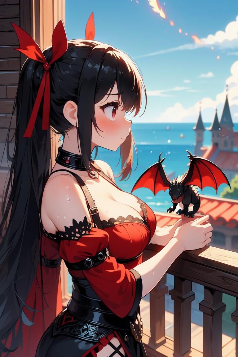 (((masterpiece))), (((best quality))), ((from side)), a pet dragon, resting on girl's head, breathing fire, black collar, red complex pattern cut-out warrior costume, sleeves, solo, 1girl, ribbon, longhair, cleavage, big tit, sweat, shy, blush, balcony, ancient castle, wide sky,  <lora:girllikepetdragon:1>,