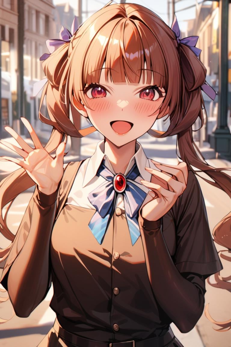 masterpiece, best quality, best aesthetic, ultra detailed, BREAK 1girl, solo, female,annehalfordexp , red hair, red eyes,blunt bangs, twin tails, hair ribbon,school unifrom,, upper body, waving hand, saying hi, smile, open mouth, blush outdoors, , looking at viewer, , colorful, vivid, <lora:Anne_Halford_XL-000010:0.9>